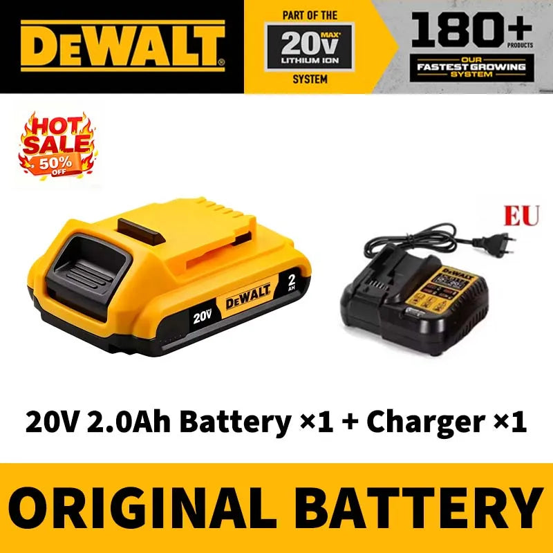 DEWALT 20V battery and charger combo packaging, yellow and black
