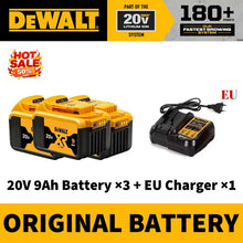DEWALT 5Ah 20V MAX battery EU charger packaging, yellow-black on solid background