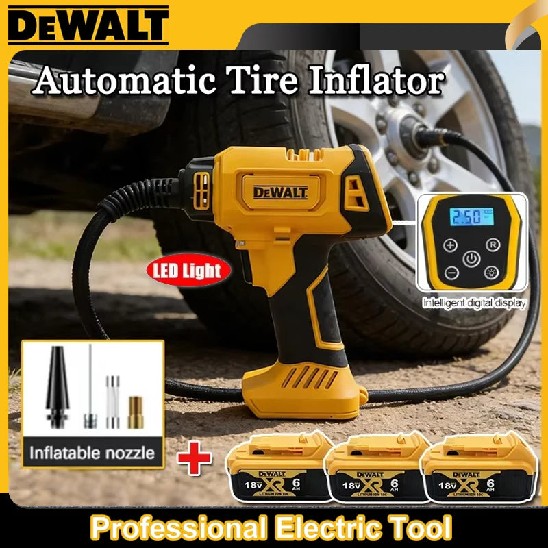 Dewalt cordless tire inflator lifestyle shot, yellow and black with digital gauge