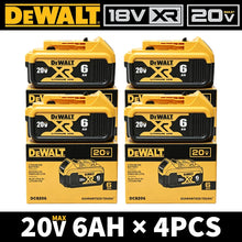 DEWALT XR 20V 6Ah battery pack set of four, yellow and black on white