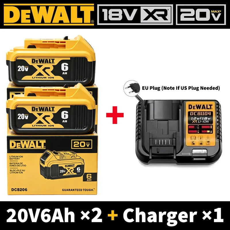 DEWALT XR 20V 6Ah battery and charger packaging, yellow and black on solid background