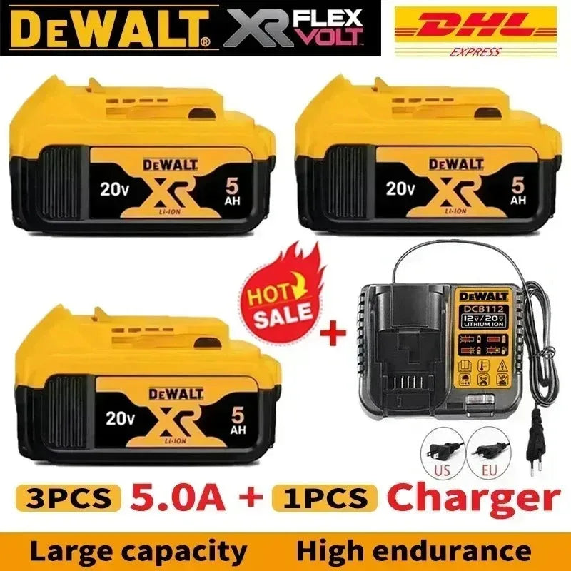 Dewalt battery packaging, yellow and black, large capacity view