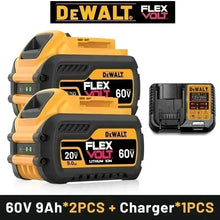 DeWALT FlexVolt battery set packaging, yellow and black, two batteries and charger