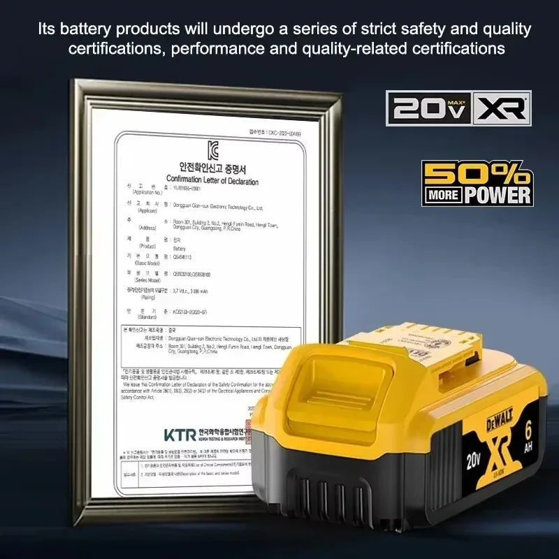 DeWALT FlexVolt battery certification document, yellow and black detail