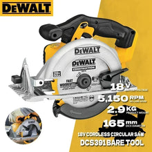 DEWALT DCS391 front view, yellow and black cordless circular saw