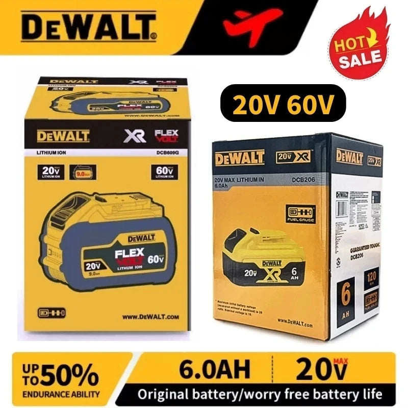 DeWALT 20V/60V 9000mAh battery packaging, yellow and black front view