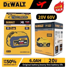 DeWALT 20V/60V 9000mAh battery packaging, yellow and black front view