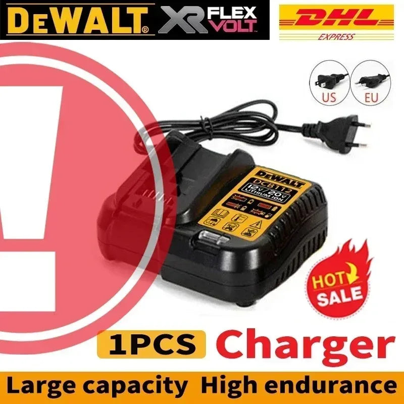 DeWALT charger packaging, black and yellow with large capacity