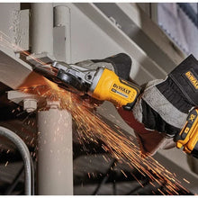 DEWALT angle grinder front view with cutting disc and battery compartment