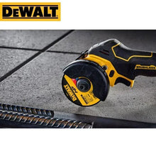 DEWALT DCS438B lifestyle shot of cordless cut-off tool in a work area
