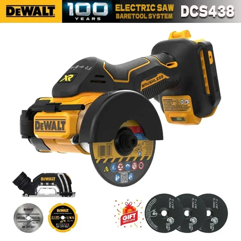 DEWALT DCS438B packaging shot of yellow cordless cut-off tool