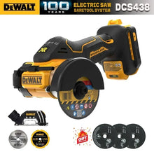 DEWALT DCS438B packaging shot of yellow cordless cut-off tool