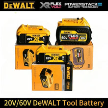 DeWalt 60V/20V batteries lifestyle shot, yellow and black packaging