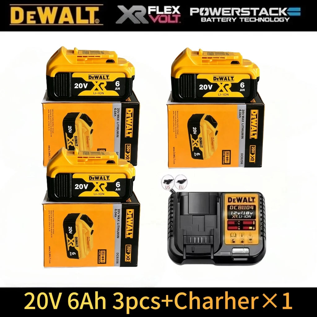 DeWalt battery packaging showing three 20V batteries and charger