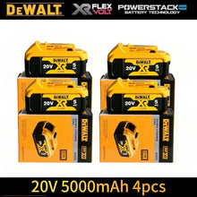 DeWalt battery packs packaging showing four 20V batteries, yellow and black