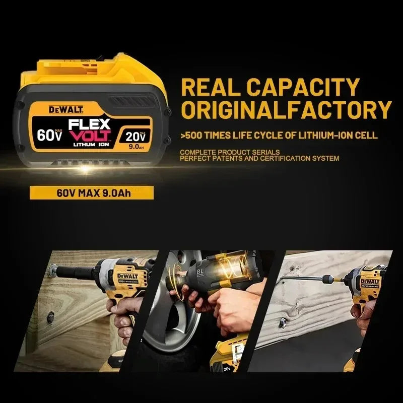 DeWalt 60V/20V battery pack packaging view, yellow and black