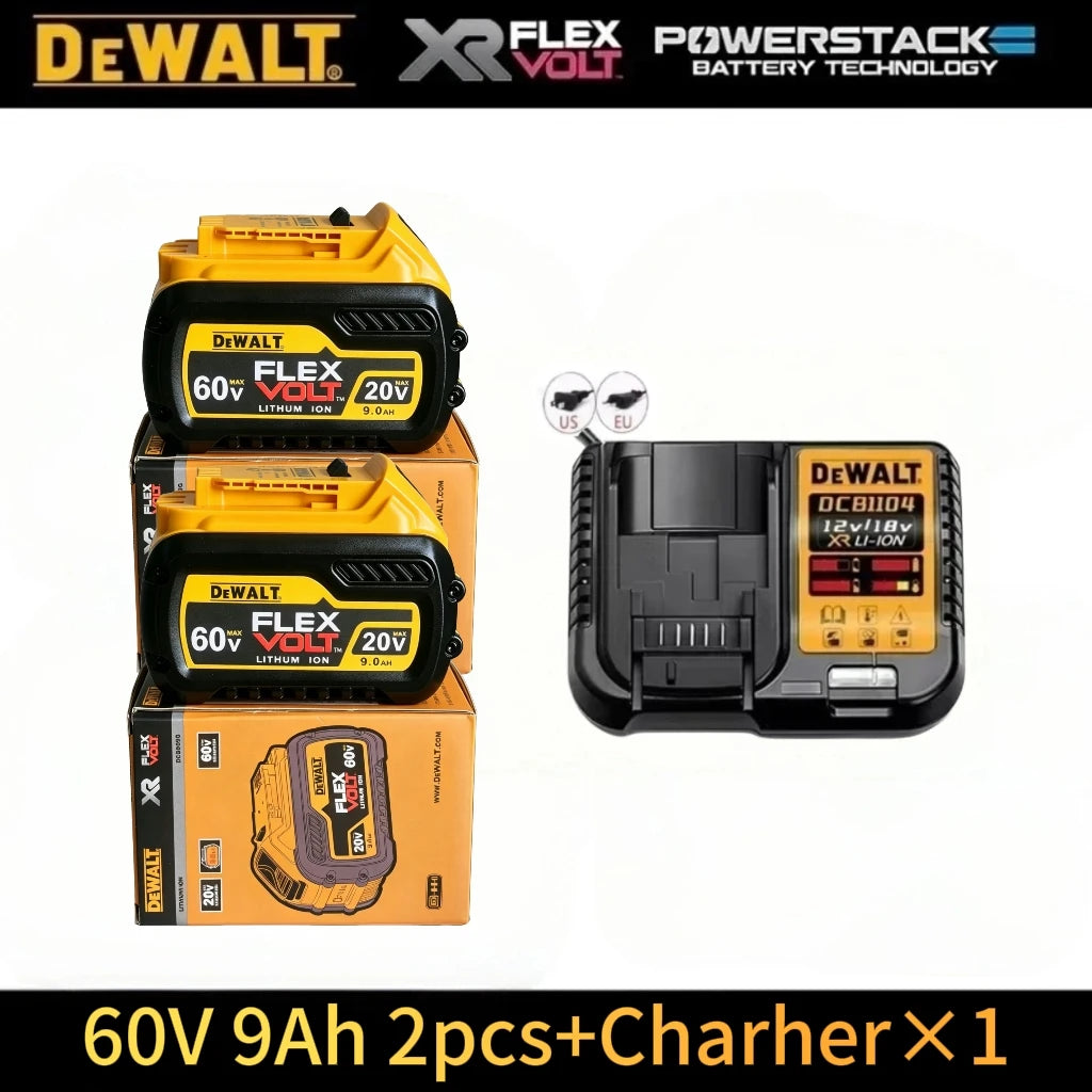 DeWalt 60V/20V battery set packaging, yellow and black, 9Ah batteries and charger