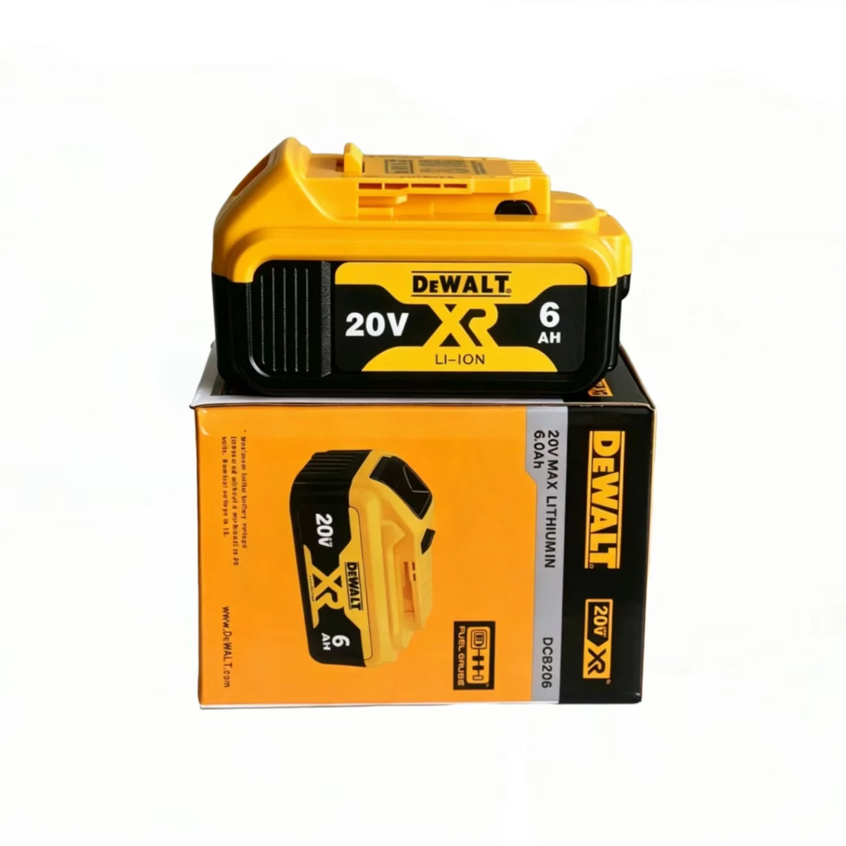 DeWalt 60V/20V battery front view with specifications label, yellow and black