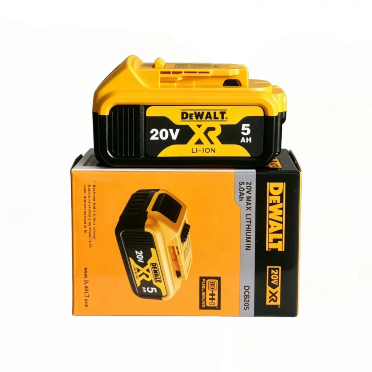 DeWalt 60V/20V battery front view highlighting specs, yellow and black