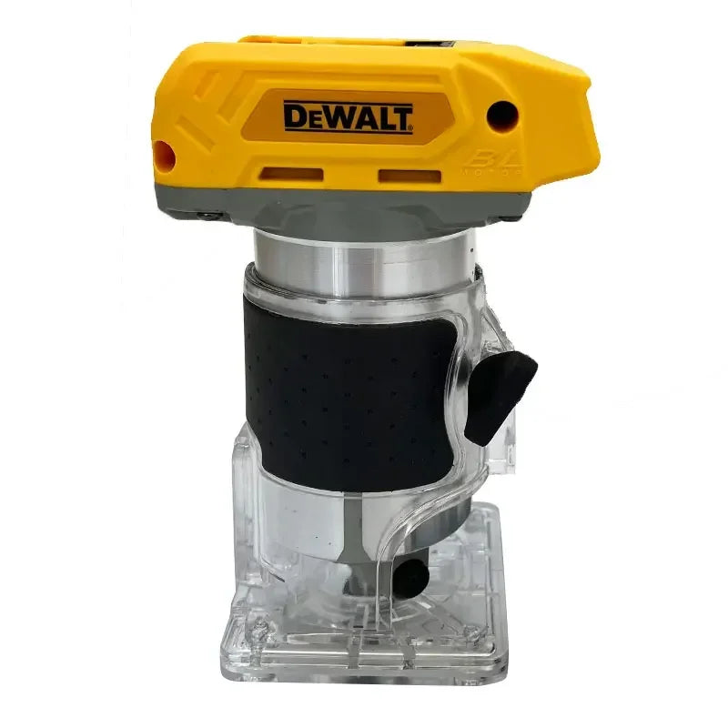 DeWalt router tool front view, yellow and silver ergonomic handle