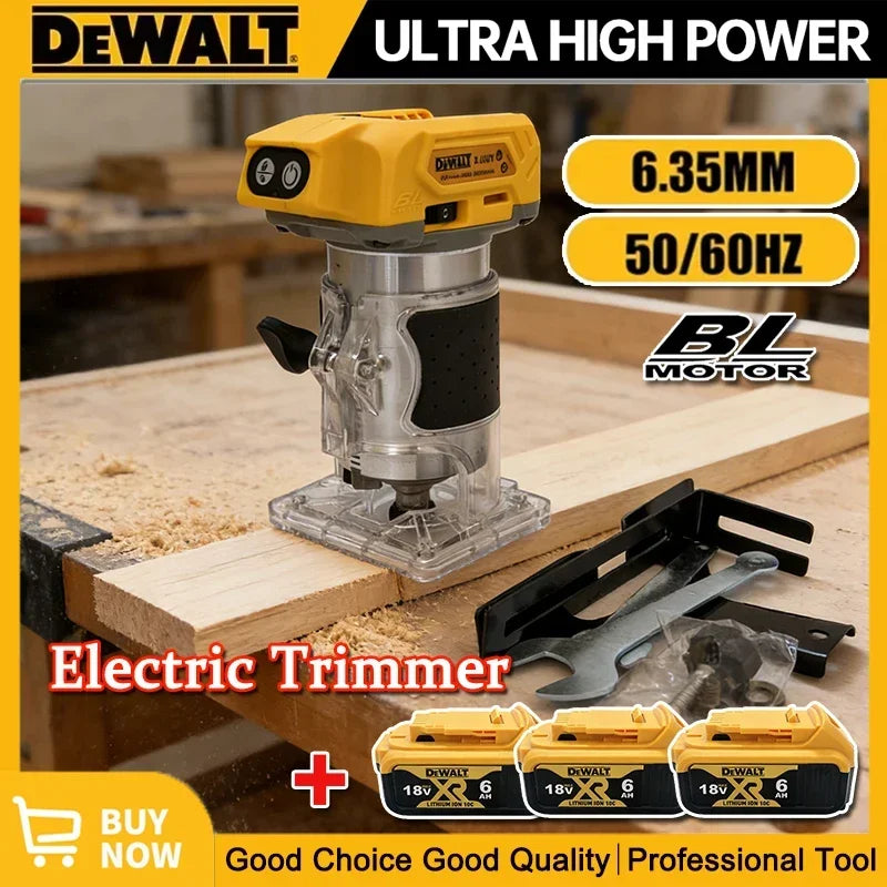 DeWalt electric trimmer packaging, yellow and black cordless brushless view
