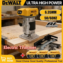 DeWalt electric trimmer packaging, yellow and black cordless brushless view