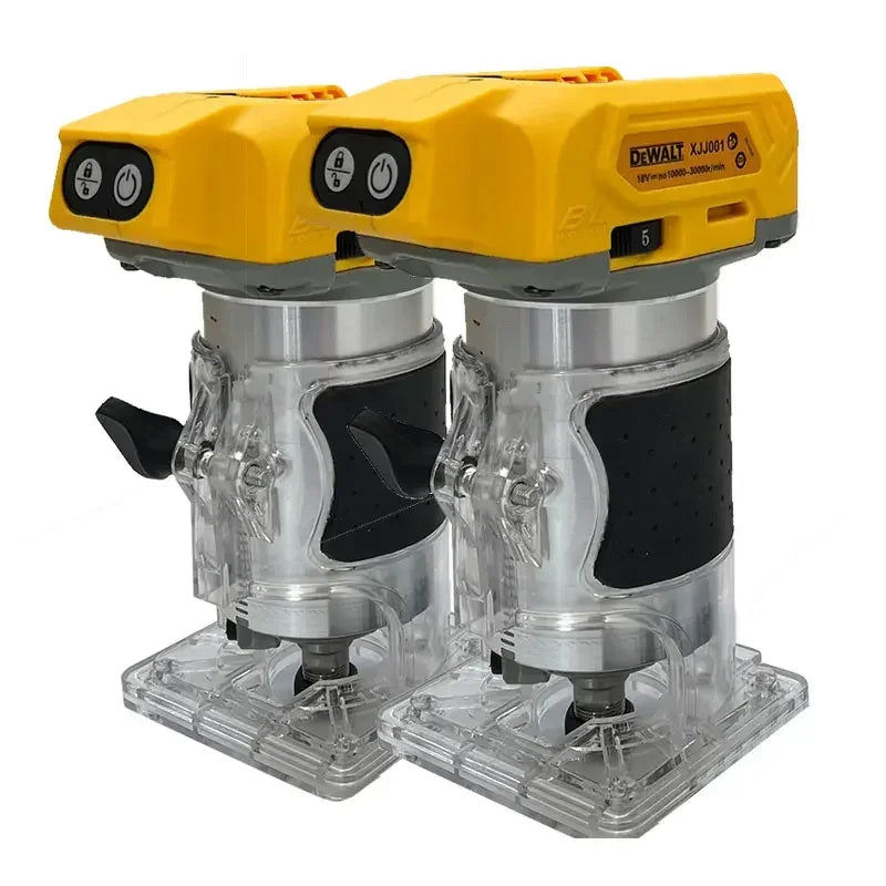 DeWalt electric trimmer packaging, yellow and black brushless motor view