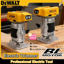 DeWalt electric trimmer packaging, yellow and silver cordless brushless view
