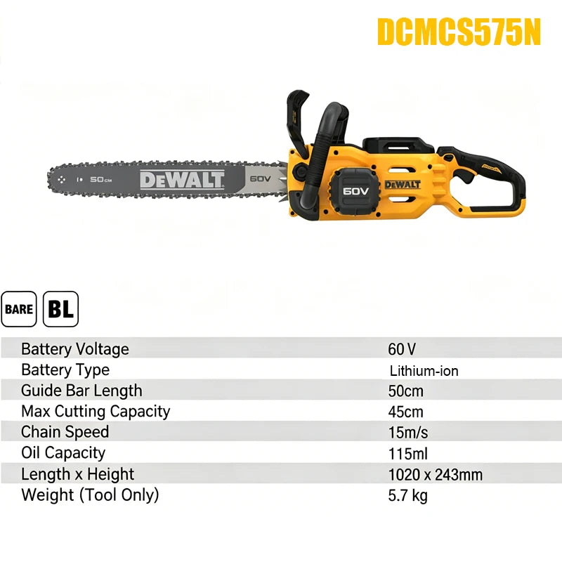 DEWALT chainsaw specifications detail, black and yellow 60V and chain speed