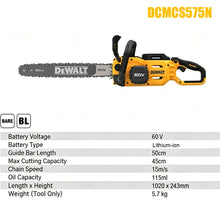 DEWALT chainsaw specifications detail, black and yellow 60V and chain speed