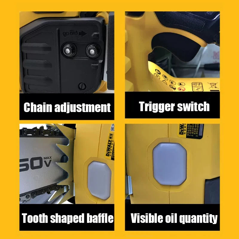 DEWALT chainsaw features detail, chain adjustment and oil window