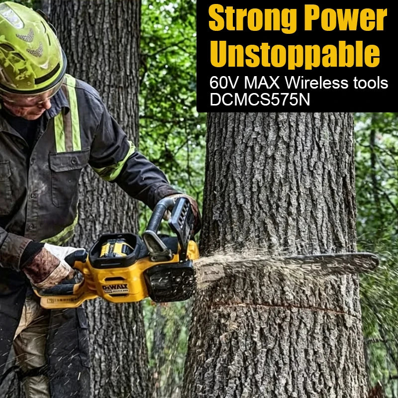 DEWALT chainsaw lifestyle use, person cutting outdoors with yellow body