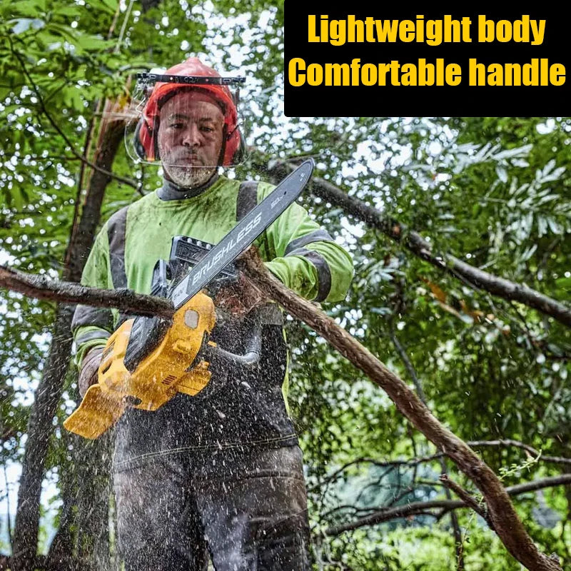 DEWALT chainsaw lifestyle, man holding yellow and black tool outdoors