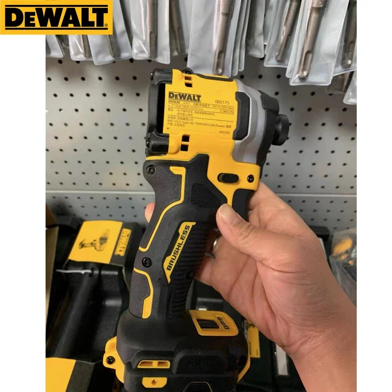 DEWALT impact driver side view in hand, ergonomic grip and battery indicator