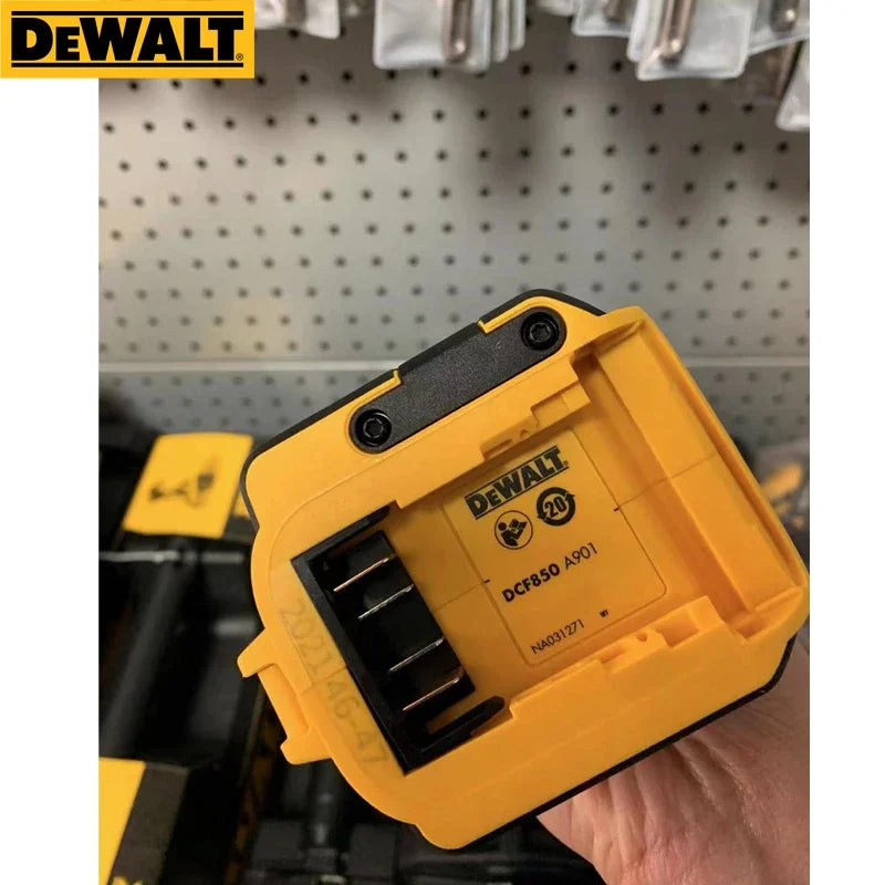 DEWALT battery charger detail close-up, compact design with LED indicators