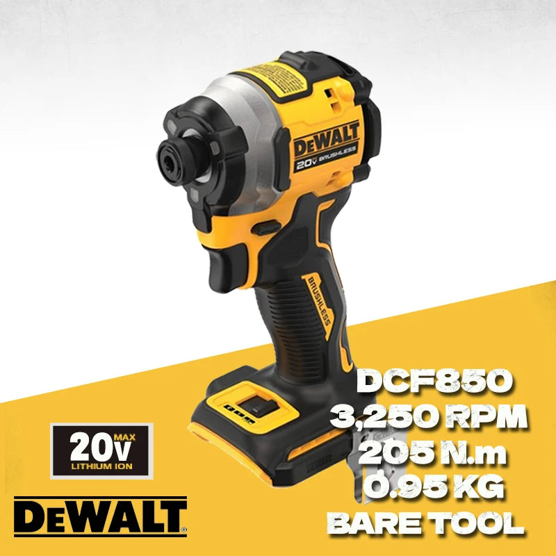DEWALT 20V impact driver front view, yellow and black brushless design