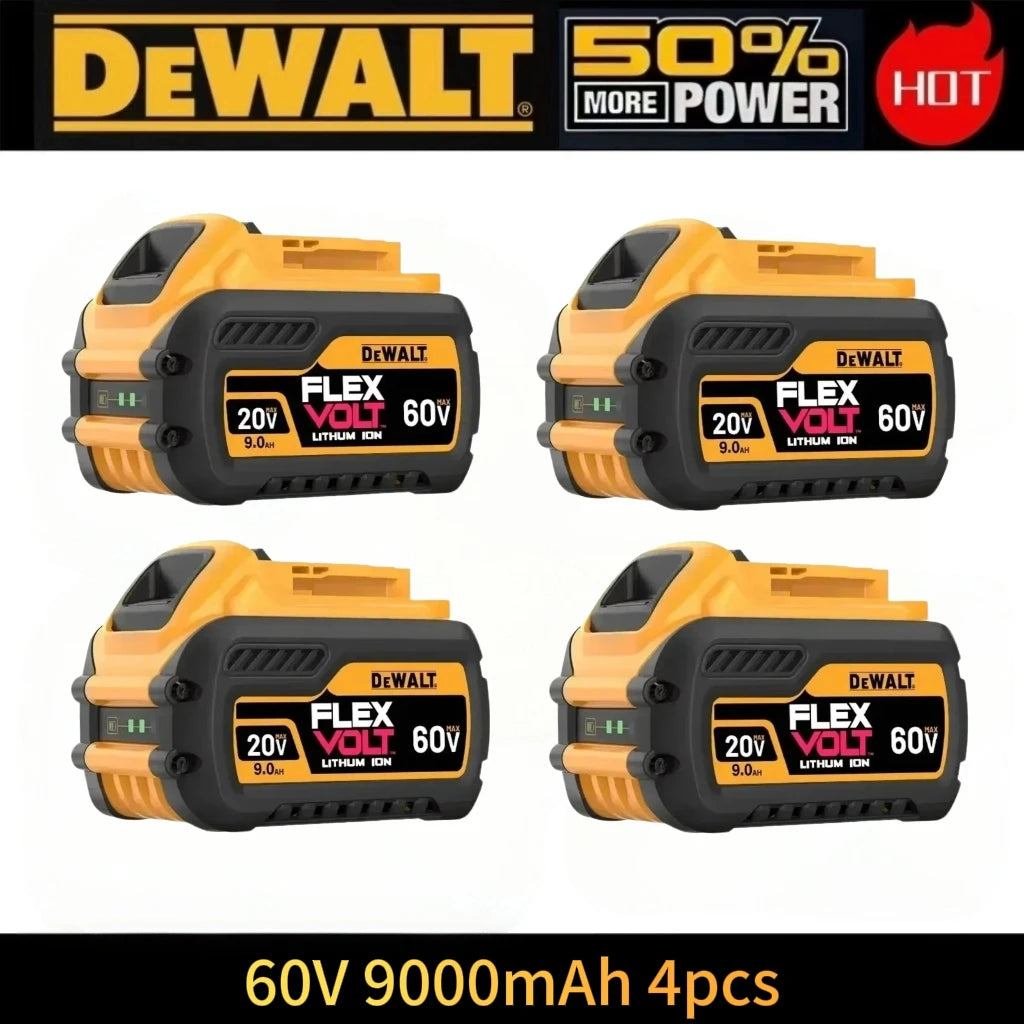 Dewalt 60V battery pack front view, three units in yellow and black