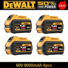 Dewalt 60V battery pack front view, three units in yellow and black