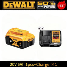 Dewalt 20V battery and charger front view, yellow and black packaging