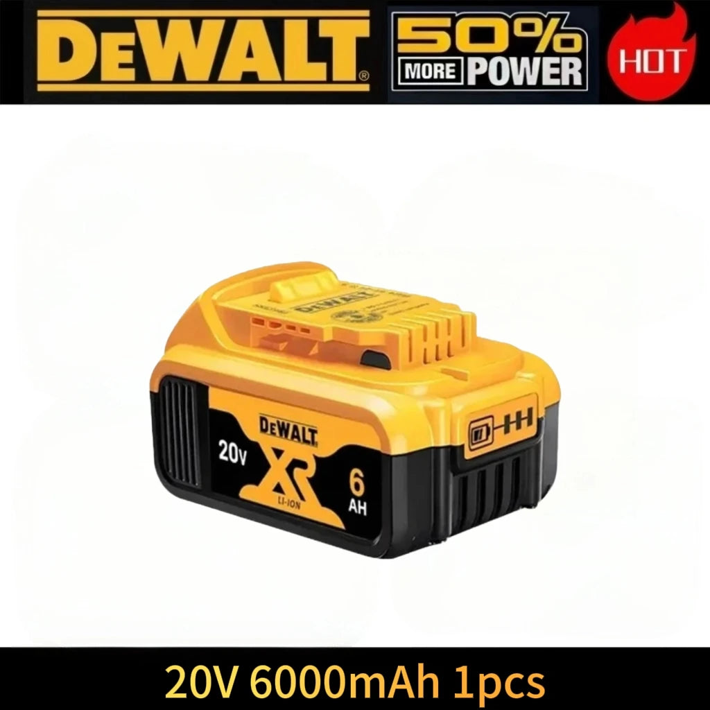 Dewalt 20V battery front view, yellow and black
