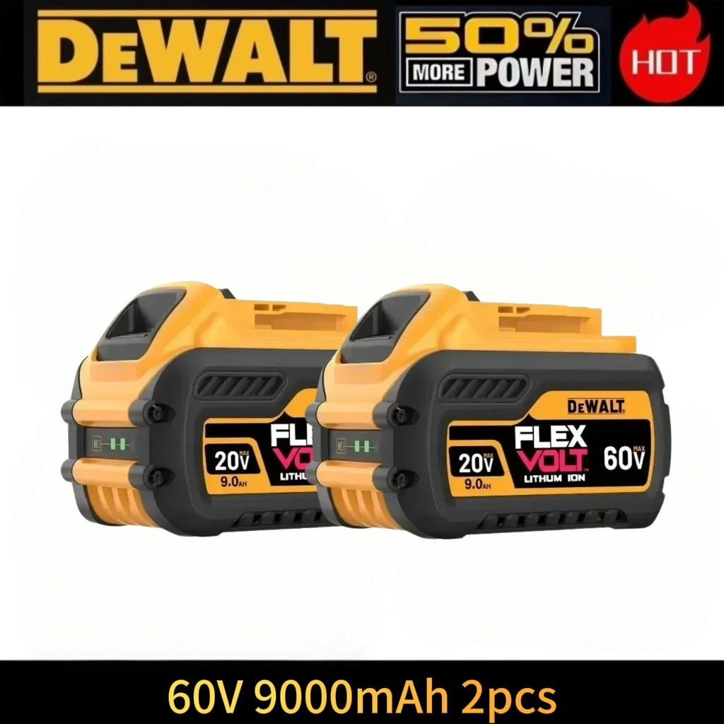 Dewalt 20V battery pack front view, two units in yellow and black