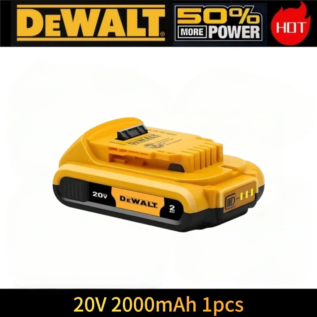 Dewalt 20V battery front view, yellow and black packaging