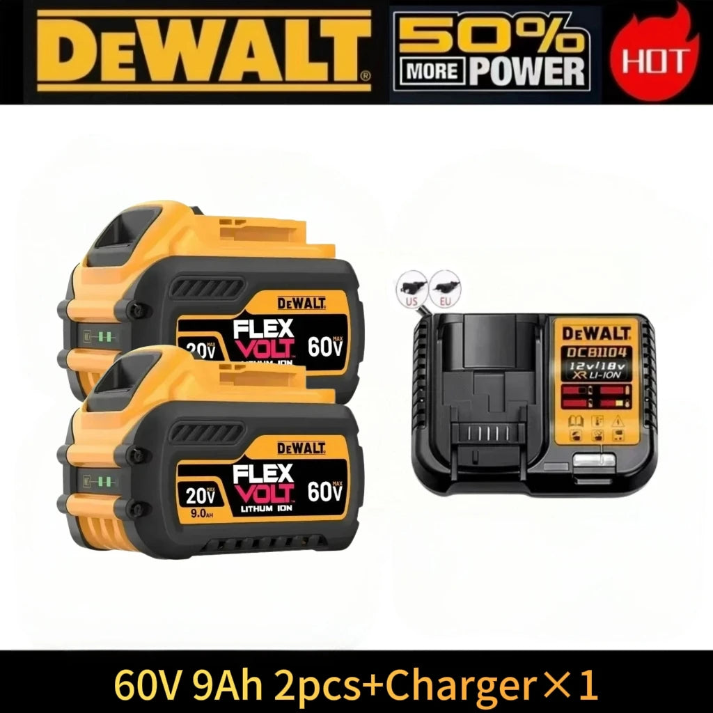 DeWALT 60V battery and charger packaging in yellow and black