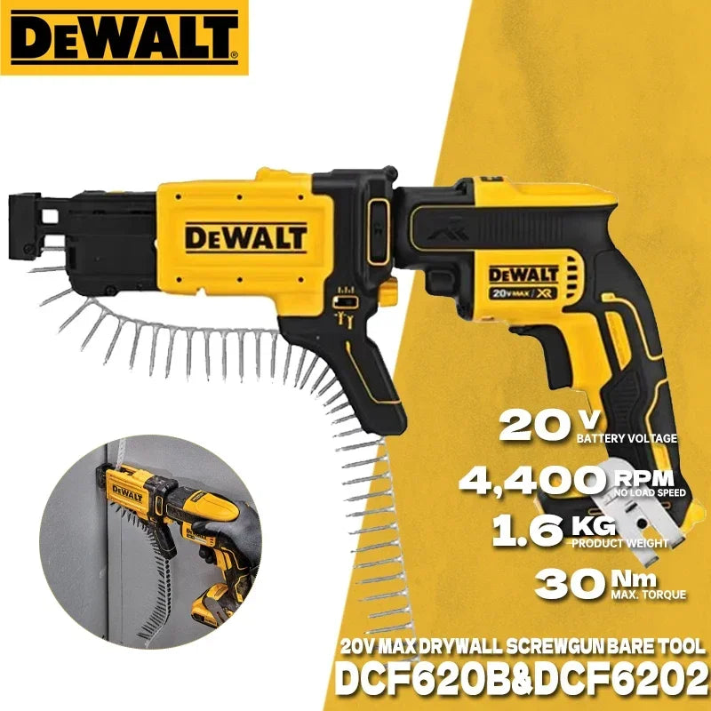 DEWALT DCF6202 yellow cordless drywall screw gun, detail view with 360° rotation