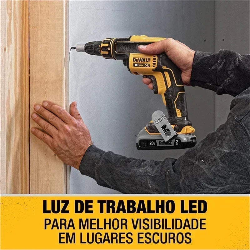 DEWALT DCF6202 yellow cordless drywall screw gun, ergonomic detail with brushless motor