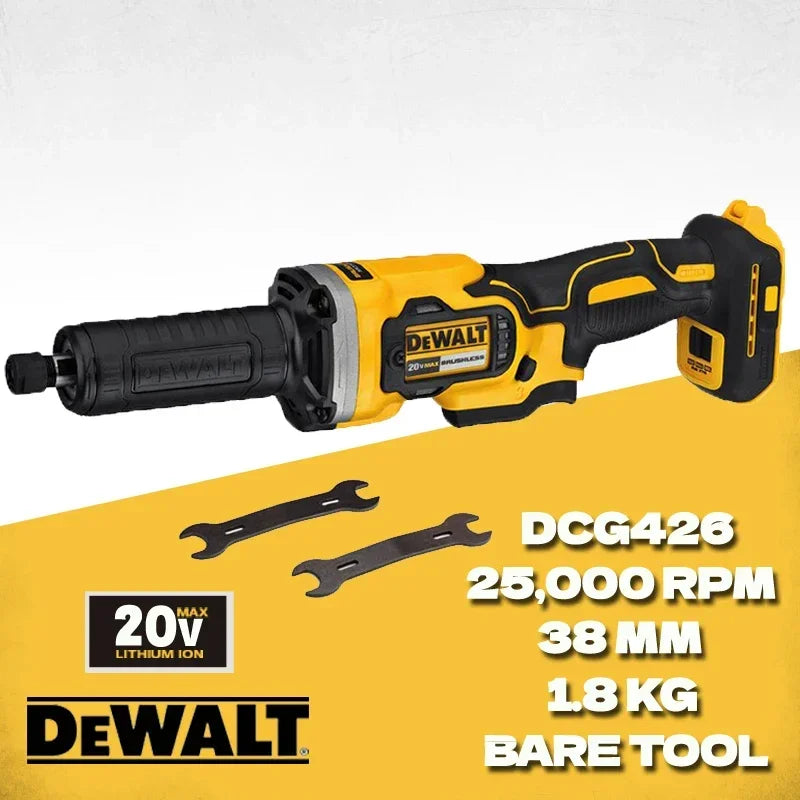 DEWALT DCG426 front view, yellow and black brushless die grinder