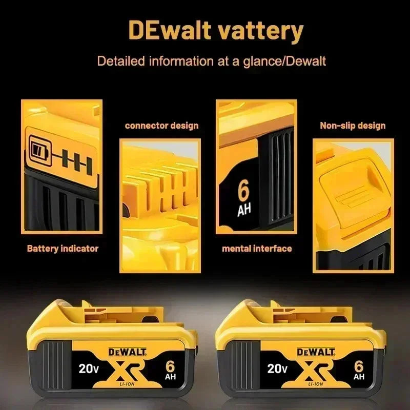 DeWALT 20V battery close-up detail, yellow-black with 6.0Ah marking
