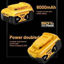 DeWALT 20V battery detail close-up, yellow-black showing 6.0Ah capacity