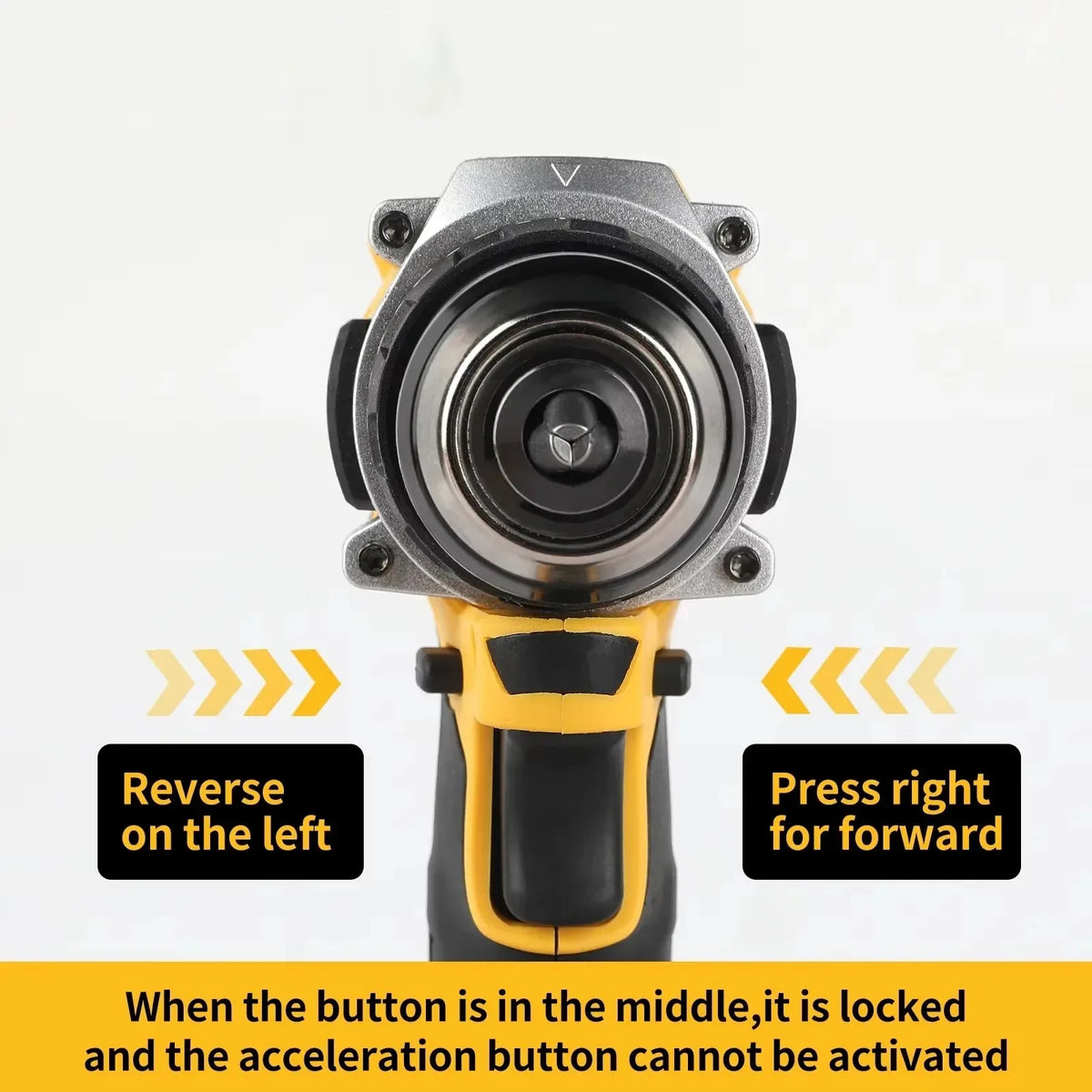 DEWALT DCD805 LED light detail with button controls on white background