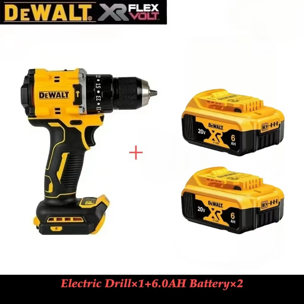 DEWALT DCD805 cordless drill lifestyle shot with two batteries in studio